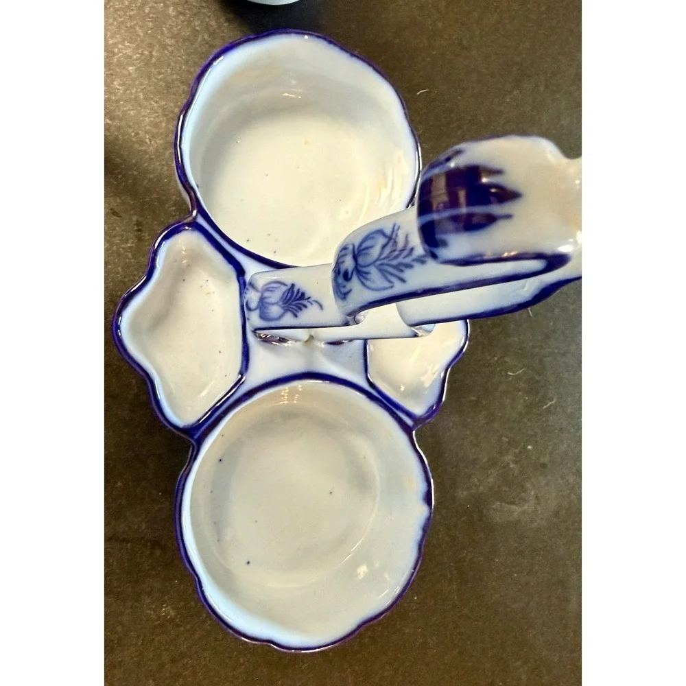 Vintage Pedros Alcobaça Portugal Blue White Cruet Set Oil Vinegar Caddy